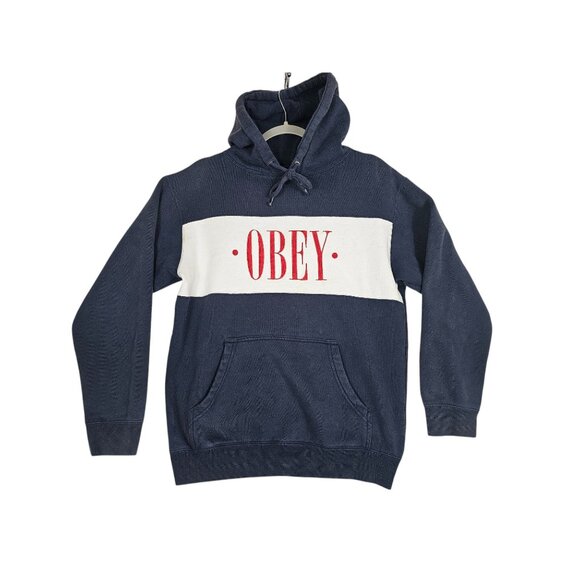 Obey Navy & Cream Hoodie With Red Logo Print Size Small - Picture 1 of 10